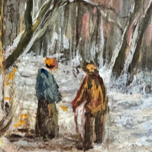 Adèle Douhard, "Een paar wandelaars in het Rouge Cloître in de winter", olieverf op paneel