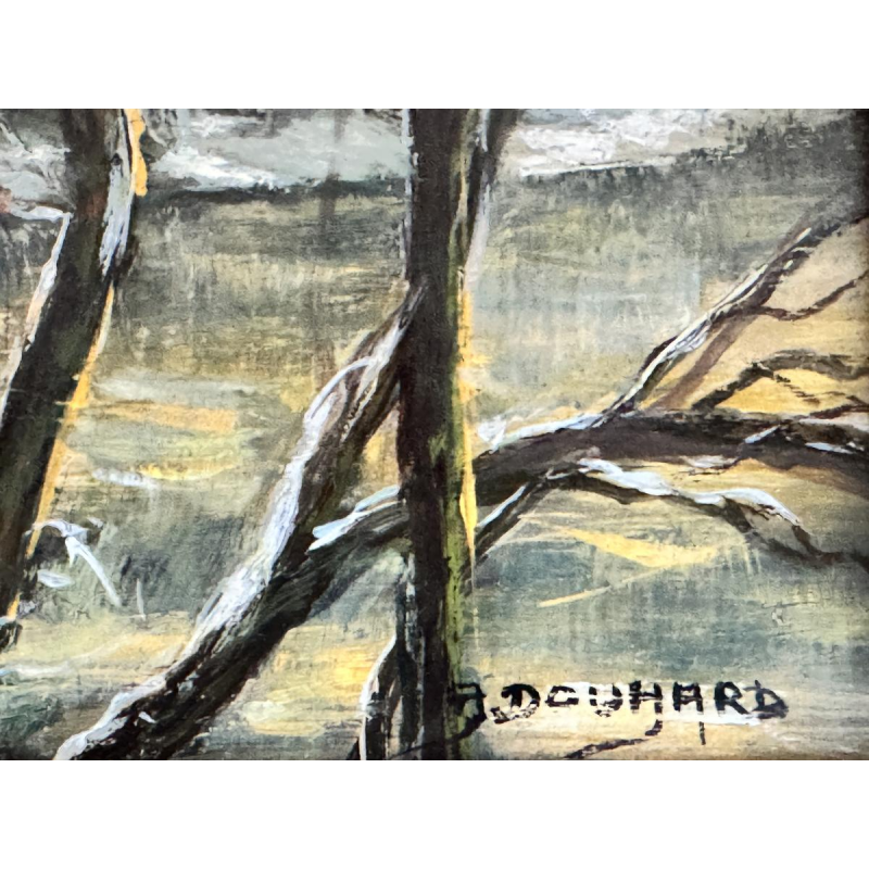 Adèle DOUHARD «Couple de promeneurs au Rouge Cloître en hiver» peinture huile sur panneau