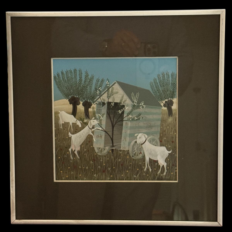 Jean-Pierre LORAND «Les 3 biquettes dans le champ fleuri» gouache, Art naïf