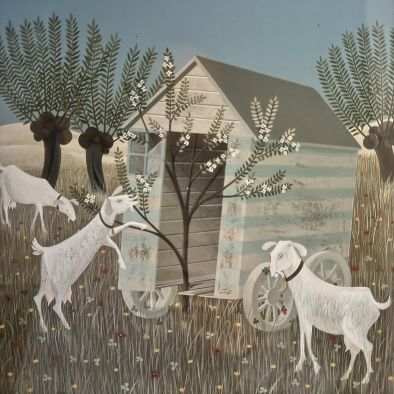 Jean-Pierre LORAND «Les 3 biquettes dans le champ fleuri» gouache, Art naïf