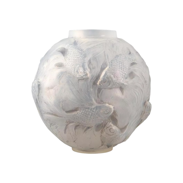 Vase "FORMOSE" (1924) in white blown-pressed molded opalescent glass by RENE LALIQUE (1860-1945)