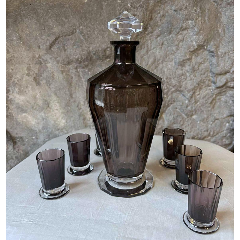 VAL SAINT LAMBERT, carafe à liqueur et 6 gobelets en cristal Montmartre