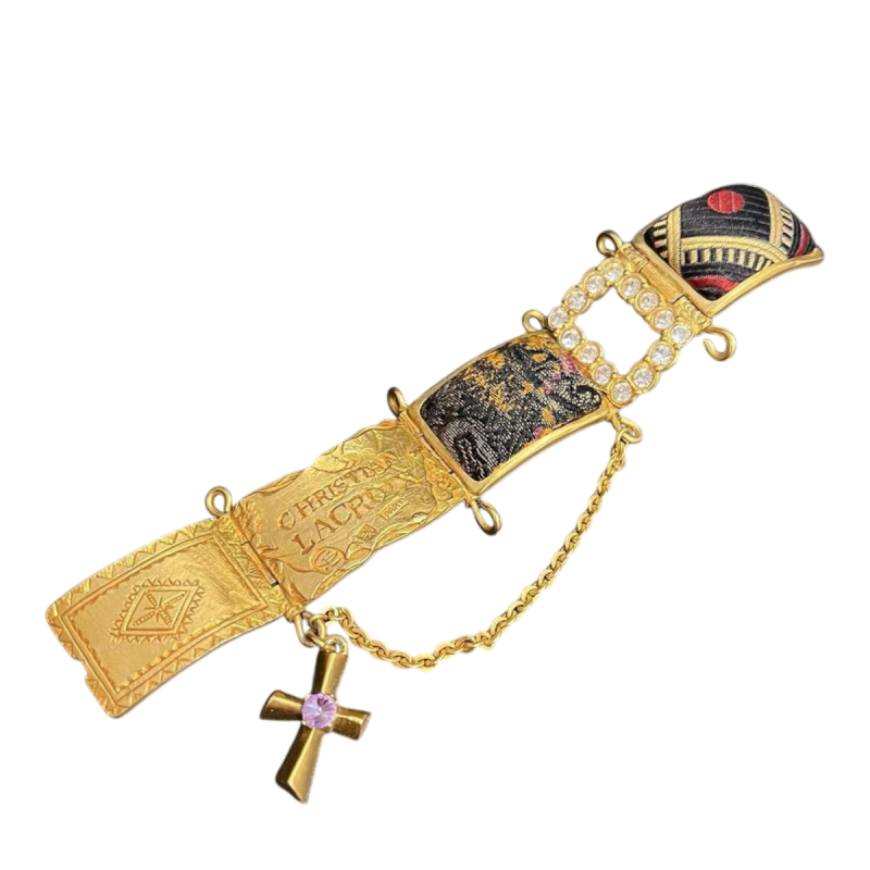 Christian LACROIX, bracelet manchette articulé en métal doré, strass et motifs en brocart