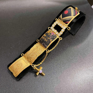 Christian LACROIX, articulated cuff bracelet in gold-tone metal, rhinestones and brocade motifs