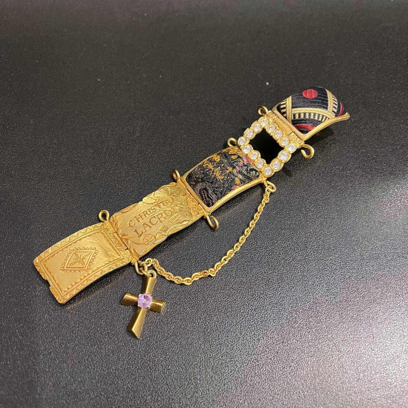 Christian LACROIX, articulated cuff bracelet in gold-tone metal, rhinestones and brocade motifs