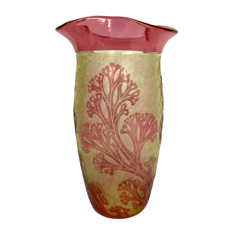 Cristallerie du val-Saint-Lambert, Algues vase urane glass lined and acid-etched, 1897