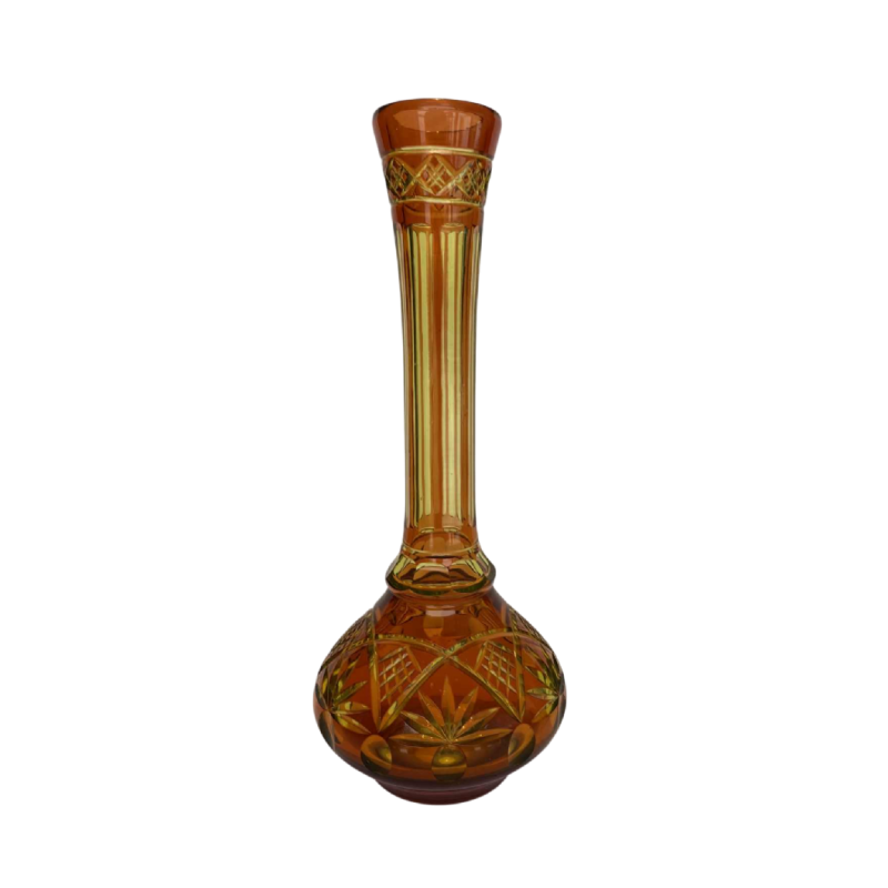 Val Saint Lambert, vase à long col en cristal urane taillé, doublé orange
