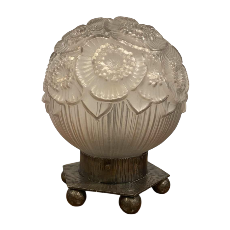 Art Deco table lamp, pressed ball glass with floral decoration, hexagonal wrought iron base, ca 1930