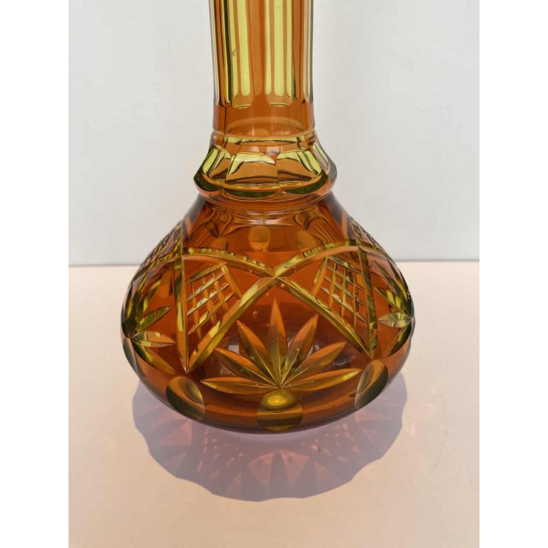 Val Saint Lambert, long-necked vase in cut urane crystal with orange lining