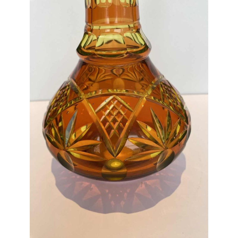 Val Saint Lambert, long-necked vase in cut urane crystal with orange lining