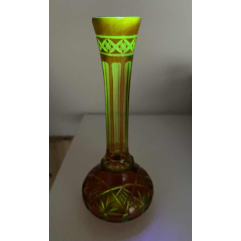 Val Saint Lambert, long-necked vase in cut urane crystal with orange lining