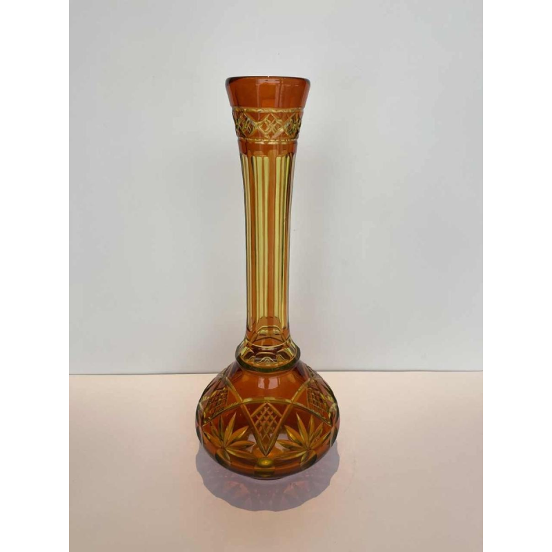 Val Saint Lambert, long-necked vase in cut urane crystal with orange lining