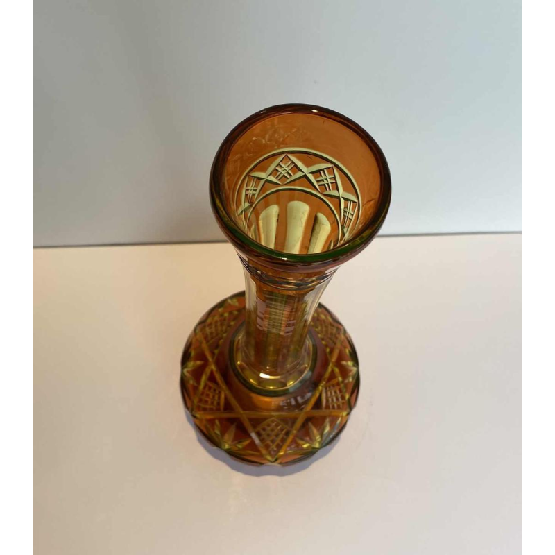 Val Saint Lambert, long-necked vase in cut urane crystal with orange lining