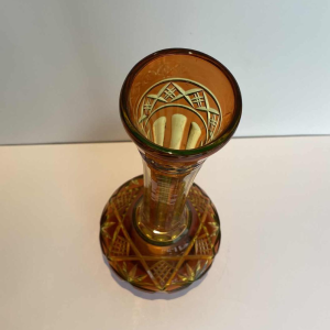 Val Saint Lambert, long-necked vase in cut urane crystal with orange lining