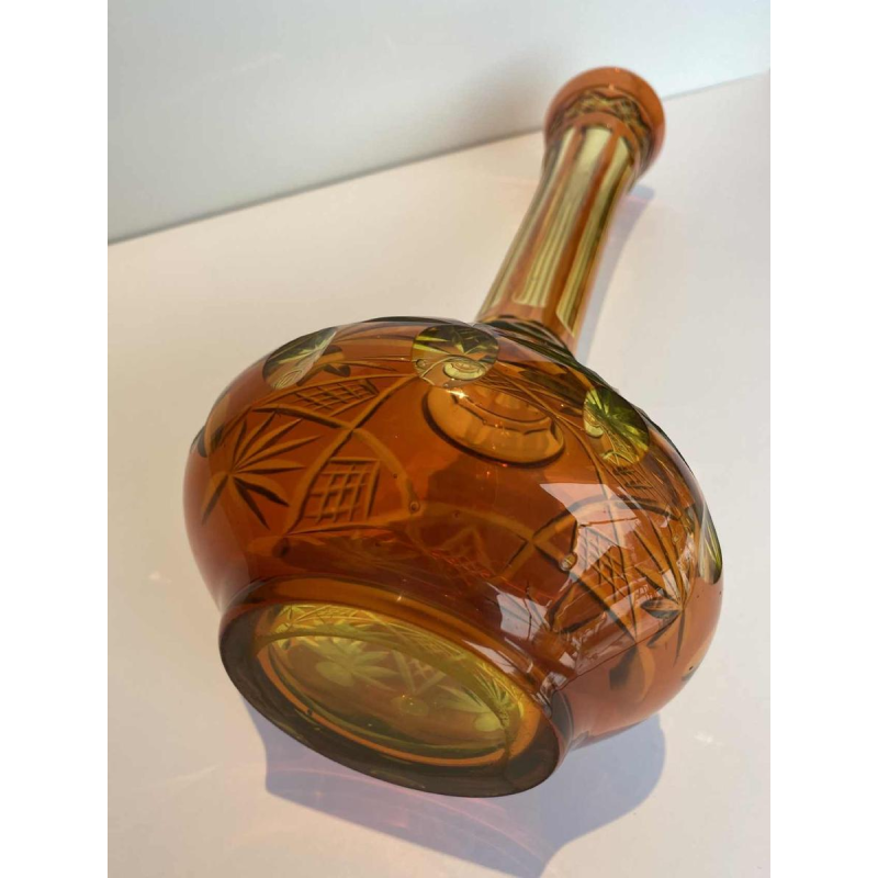 Val Saint Lambert, long-necked vase in cut urane crystal with orange lining