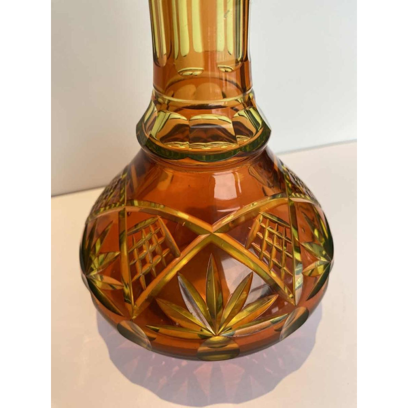 Val Saint Lambert, long-necked vase in cut urane crystal with orange lining