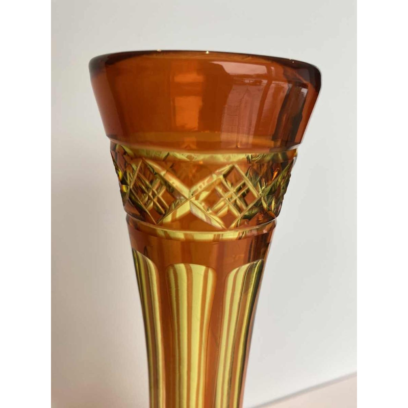 Val Saint Lambert, long-necked vase in cut urane crystal with orange lining