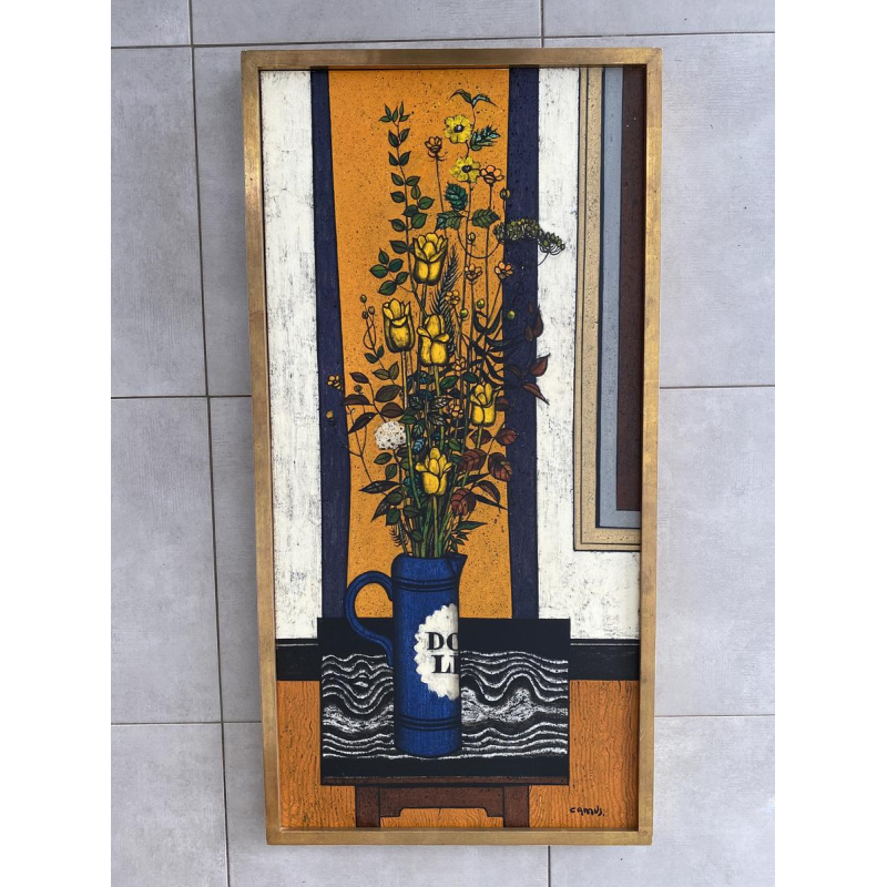 "Bouquet à la table noire", G. Camus (1914 - 1984), huile sur toile