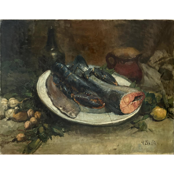 Alfred Bastien - Nature morte au saumon et homard - tableau huile sur toile