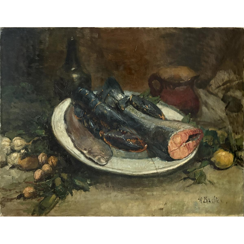 Alfred Bastien - Stilleven met zalm en kreeft - Olieverfschilderij op doek