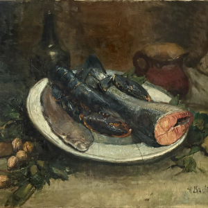 Alfred Bastien - Nature morte au saumon et homard - tableau huile sur toile