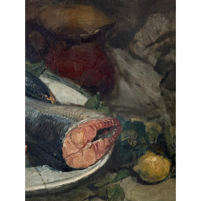 Alfred Bastien - Nature morte au saumon et homard - tableau huile sur toile