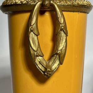 Paar porseleinen vazen op sokkels, versierd met een verguld bronzen montuur, 19e eeuw