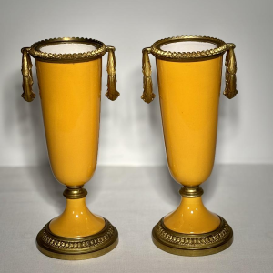 Paar porseleinen vazen op sokkels, versierd met een verguld bronzen montuur, 19e eeuw