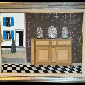 Ghislaine CAMBRON (1923- ) « Larmoire de bois blanc » 1972 huile sur panneau