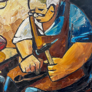 Milo Dardenne, "De schoenmaker", olieverf op doek, 20e eeuw