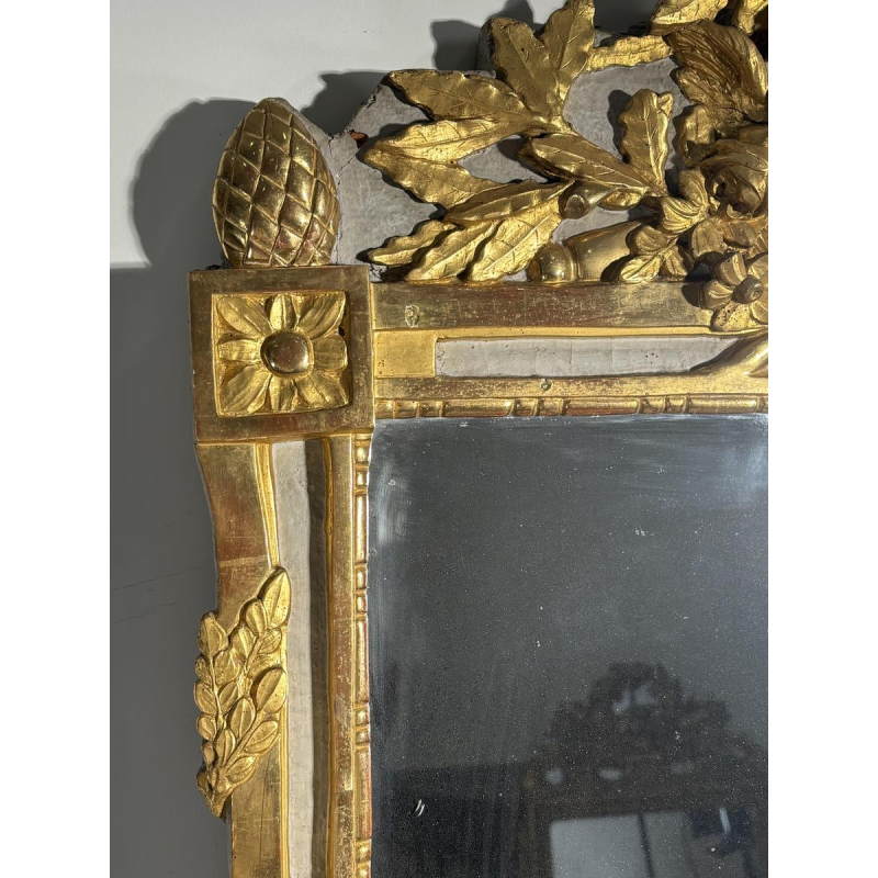 Spiegel in Lodewijk XVI-stijl van gesneden en verguld hout, met handgeschilderde details, 18e eeuw