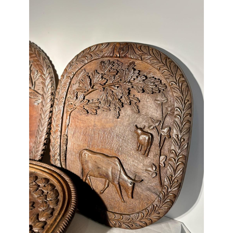 Set of three single-piece carved panels with animal decoration, Folk Art, ca. 1900
