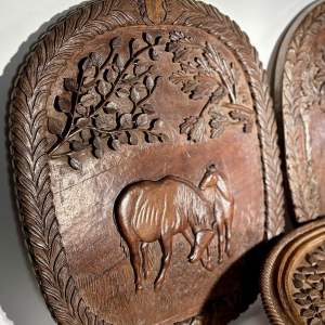 Set of three single-piece carved panels with animal decoration, Folk Art, ca. 1900