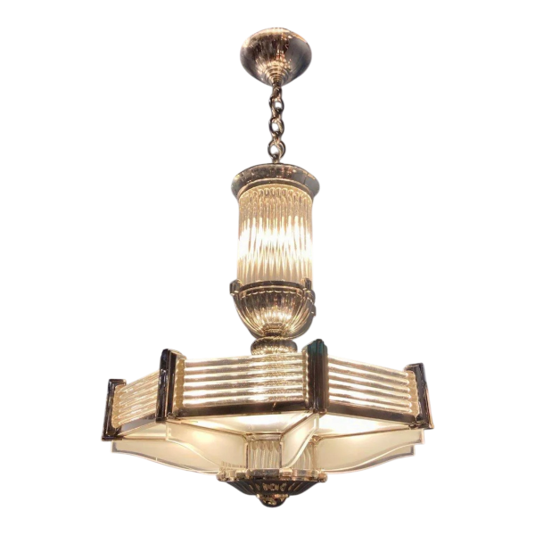 Henri Petitot, important lustre Art Déco octogonal, bronze nickelé & verre sablé, ca 1930