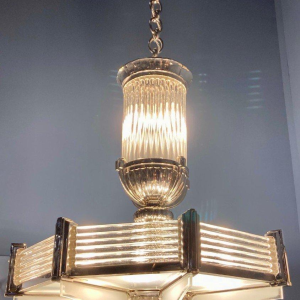 Henri Petitot, important octagonal Art Deco chandelier, nickel-plated bronze & sandblasted glass, ca. 1930