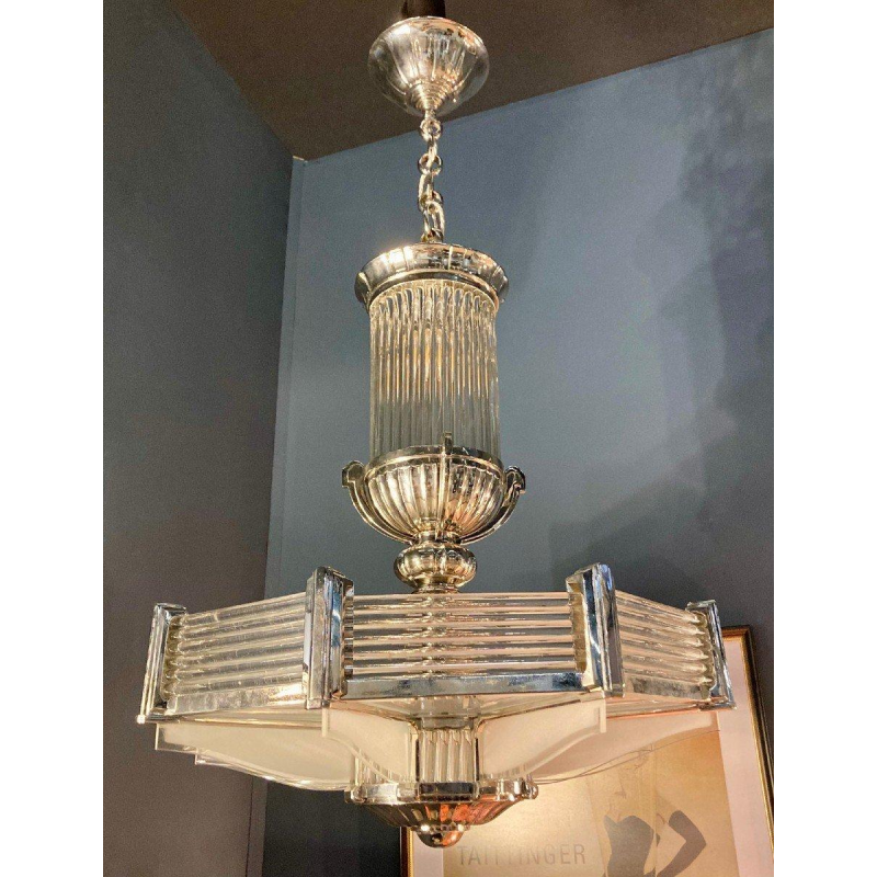 Henri Petitot, important octagonal Art Deco chandelier, nickel-plated bronze & sandblasted glass, ca. 1930