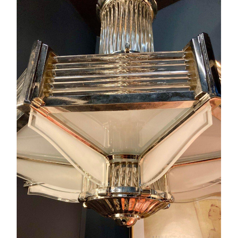 Henri Petitot, important lustre Art Déco octogonal, bronze nickelé & verre sablé, ca 1930