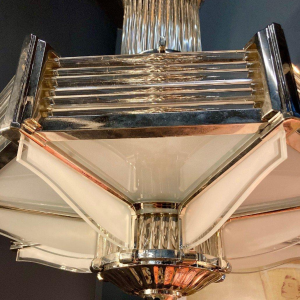 Henri Petitot, important octagonal Art Deco chandelier, nickel-plated bronze & sandblasted glass, ca. 1930
