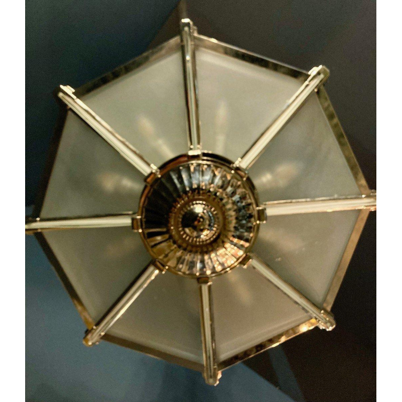 Henri Petitot, important octagonal Art Deco chandelier, nickel-plated bronze & sandblasted glass, ca. 1930