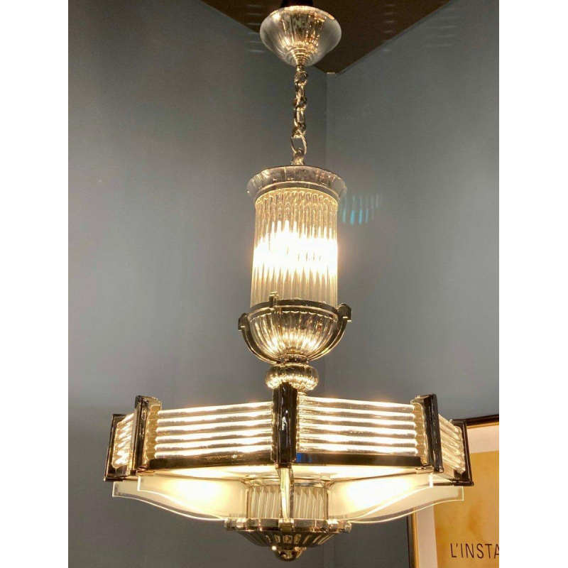 Henri Petitot, important octagonal Art Deco chandelier, nickel-plated bronze & sandblasted glass, ca. 1930