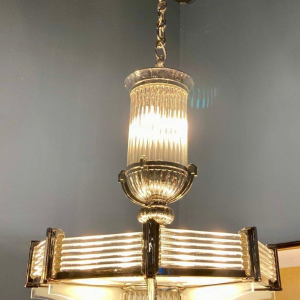 Henri Petitot, important lustre Art Déco octogonal, bronze nickelé & verre sablé, ca 1930