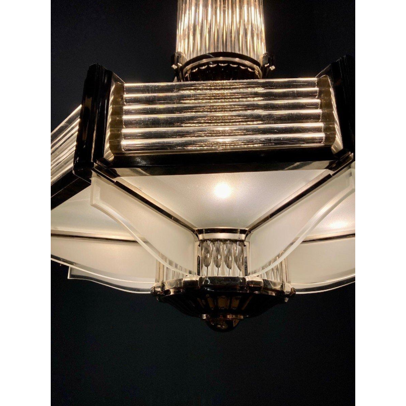 Henri Petitot, important octagonal Art Deco chandelier, nickel-plated bronze & sandblasted glass, ca. 1930