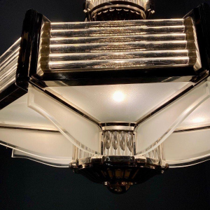 Henri Petitot, important octagonal Art Deco chandelier, nickel-plated bronze & sandblasted glass, ca. 1930