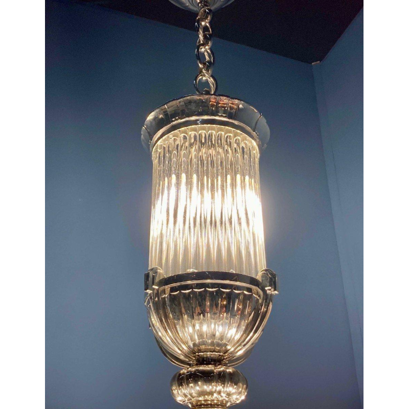 Henri Petitot, important lustre Art Déco octogonal, bronze nickelé & verre sablé, ca 1930