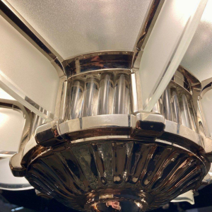 Henri Petitot, important octagonal Art Deco chandelier, nickel-plated bronze & sandblasted glass, ca. 1930