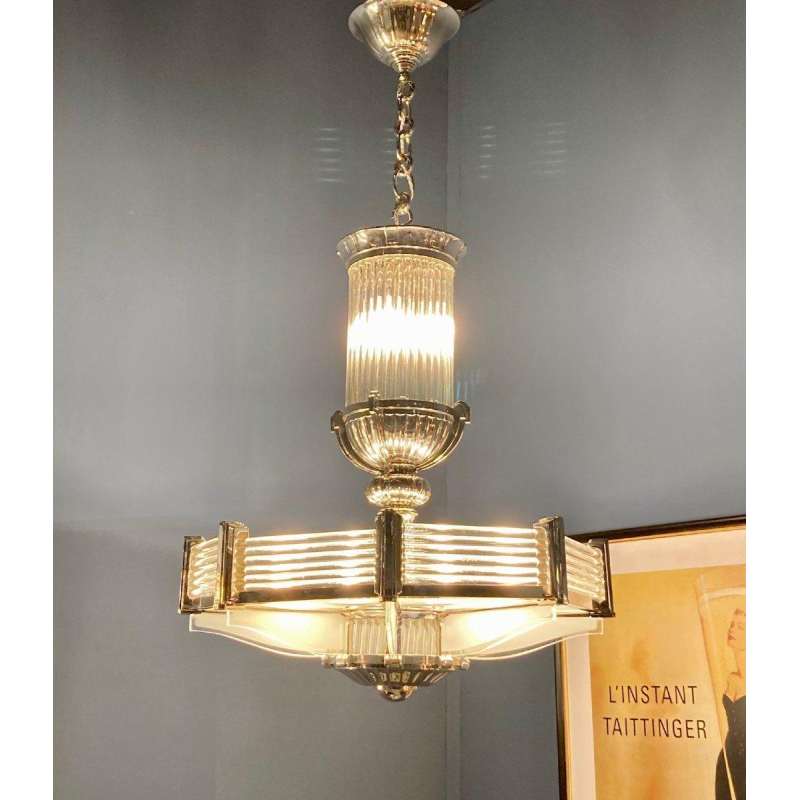 Henri Petitot, important lustre Art Déco octogonal, bronze nickelé & verre sablé, ca 1930