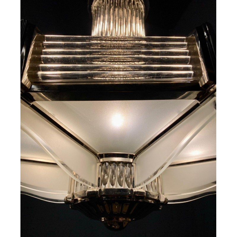 Henri Petitot, important lustre Art Déco octogonal, bronze nickelé & verre sablé, ca 1930
