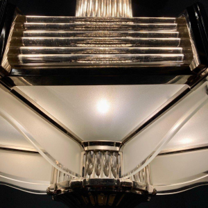 Henri Petitot, important lustre Art Déco octogonal, bronze nickelé & verre sablé, ca 1930
