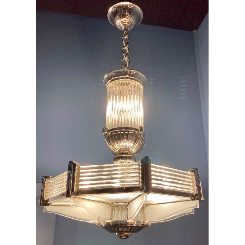 Henri Petitot, important lustre Art Déco octogonal, bronze nickelé & verre sablé, ca 1930
