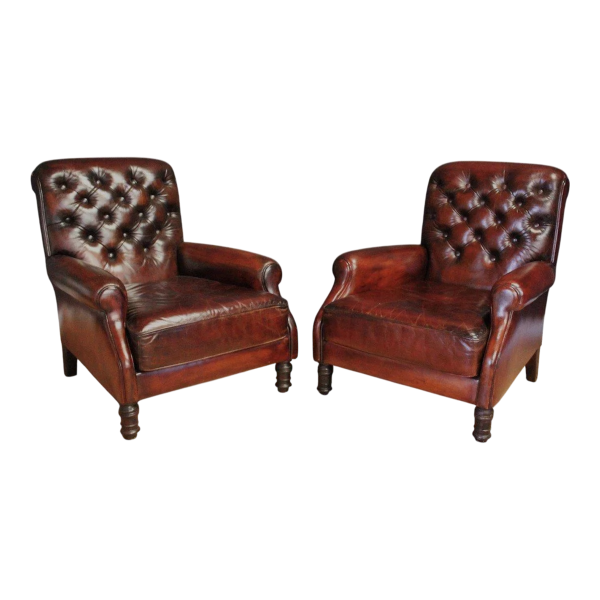 Pair of restored leather armchairs from the Château de Beauchêne in Saint-Saturnin-du-Limet, France, circa 1880